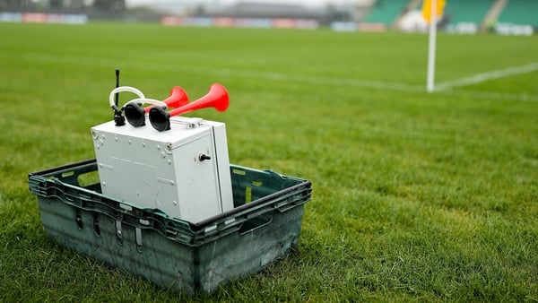 19 April 2025; A hooter before the Connacht GAA Football Senior Championship semi-final match between Leitrim and Mayo at Avant Money Páirc Seán Mac Diarmada in Carrick-on-Shannon, Leitrim. Photo by Thomas Flinkow/Sportsfile