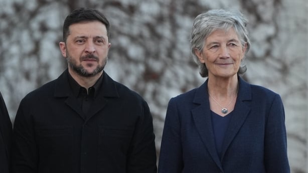 Volodymyr Zelensky stands beside catherine connolly 