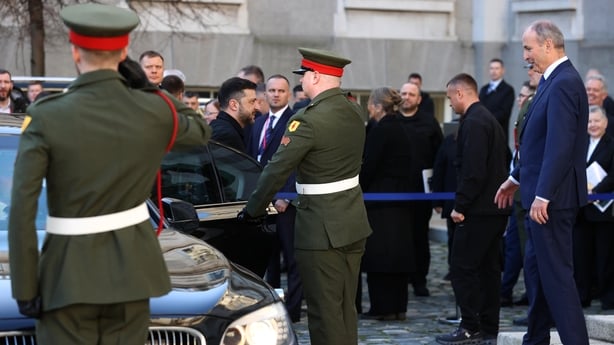 Ukrainian President Volodymyr Zelensky (left) is greeted by Taoiseach Micheal Martin at the Government Buildings in Dublin