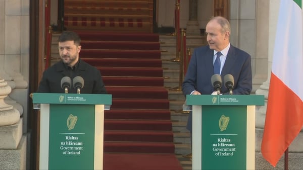 Micheál Martin and Zelensky speaking at Government Buildings