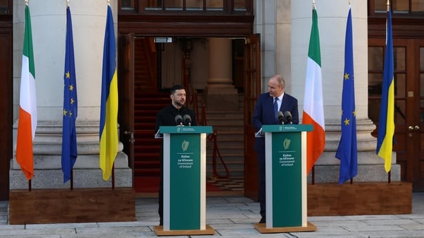 Ukrainian President Volodymyr Zelensky (left) and Taoiseach Micheal Martin speak to the media during a press conference at the Government Buildings in Dublin