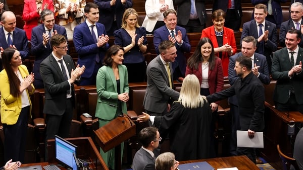 President Volodymyr Zelensky arrives to address a joint sitting of the Irish parliament in the Dail