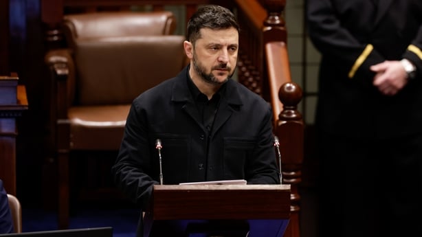 President of Ukraine Volodymyr Zelensky is pictured addressing the Dail