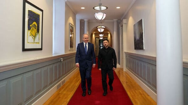 Volodymyr Zelensky and Taoiseach Micheal Martin are pictured in Government Buildings