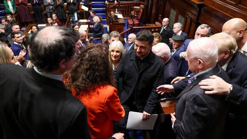 Ukraine's President Volodymyr Zelensky was besieged by TDs and senators as he exited all wishing to shake his hand (Photo: RollingNews.ie)