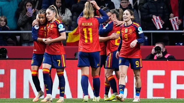 MADRID, SPAIN - DECEMBER 02: Claudia Pina of Spain celebrates a goal with teammates during the UEFA Women's Nations League 2025 final second leg match between Spain and Germany at Riyadh Air Metropolitano stadium on December 02, 2025 in Madrid, Spain. (Ph