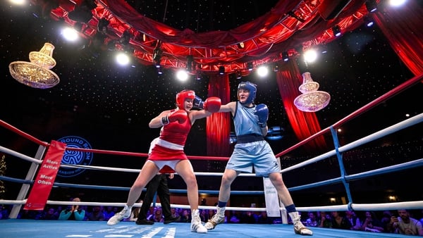 2 December 2025; Kellie Harrington of Ireland, right, in action against Chelsey Heijnen of Netherlands in their exhibition bout at the Mansion House in Dublin. Photo by David Fitzgerald/Sportsfile