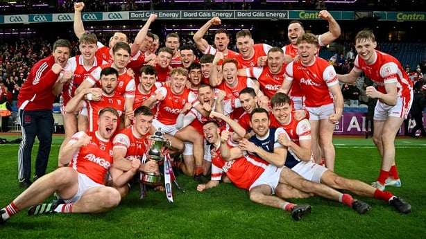 19 January 2025; Cuala players celebrate with the trophy after their side's victory in the AIB GAA Football All-Ireland Senior Club Championship final match between Cuala and Errigal Ciarán at Croke Park in Dublin. Photo by Seb Daly/Sportsfile