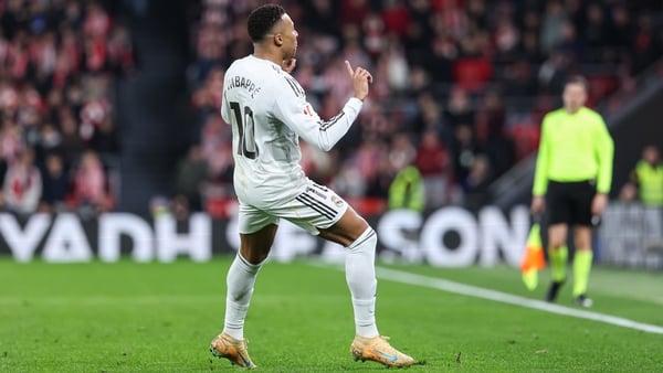 BILBAO, SPAIN - DECEMBER 03: Kylian Mbappe of Real Madrid CF celebrates a goal during the Spanish League, LaLiga EA Sports, football match played between Athletic Club de Bilbao and Real Madrid at San Mames stadium on December 03, 2025 in Bilbao, Spain. (