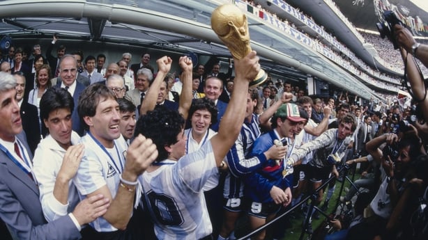 Argentina captain Diego Maradona holds aloft the trophy with team mates after the FIFA 1986 World Cup Final against West Germany on June 29th, 1986 in Mexico City, Mexico. (Photo by Mike King/Allsport/Getty Images/Hulton Archive)
