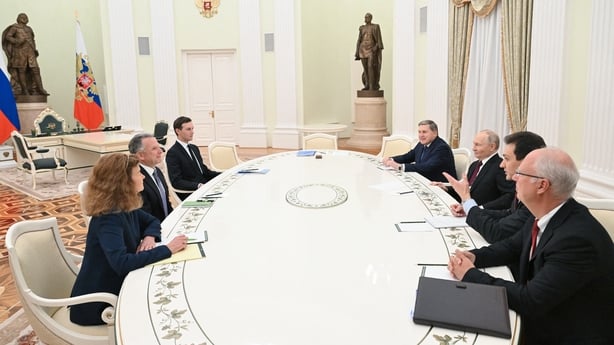 In this pool photograph distributed by the Russian state agency Sputnik, Russia's President Vladimir Putin, accompanied by Kremlin economic envoy Kirill Dmitriev and Kremlin aide Yuri Ushakov, meets with US special envoy Steve Witkoff and US President Donald Trump's son-in-law Jared Kushner at the K