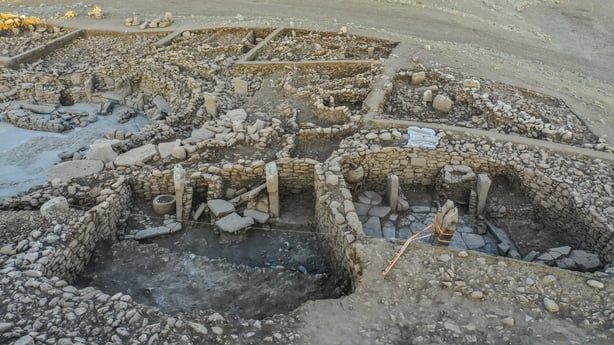 A drone photo shows artifacts unearthed in Karahantepe