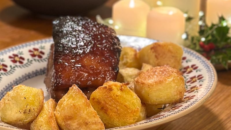 Neven's glazed rack of pork with creamy roast potatoes