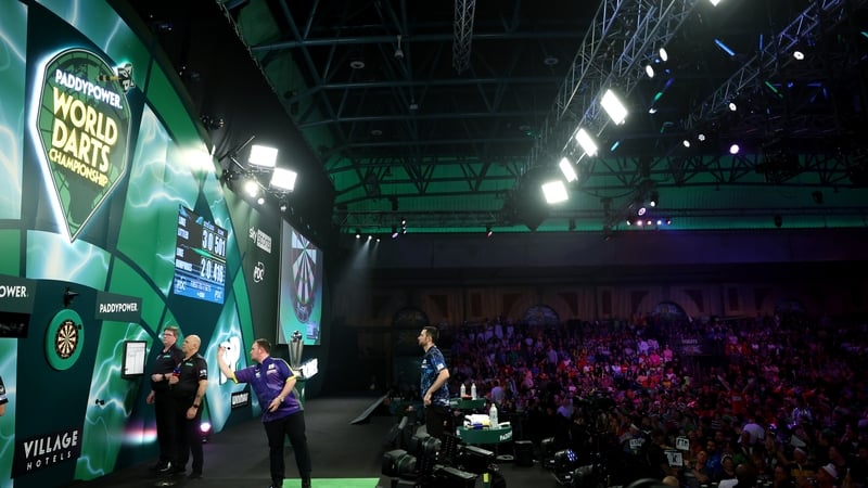 A general view as Luke Littler throws during the 2023/24 World Darts Championship Final