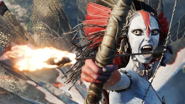 Varang (Oona Chaplin) goes on the rampage with a bow and arrow in Avatar: Fire and Ash 