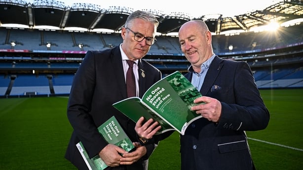 4 December 2025; Uachtarán Chumann Lúthchleas Gael Jarlath Burns, left, and GAA National Demographics Committee chairperson Benny Hurl during the launch of the GAA National Demographics Report at Croke Park in Dublin. Photo by Seb Daly/Sportsfile 