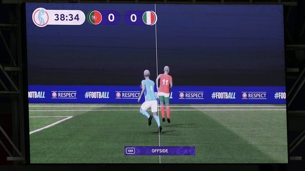 GENEVA, SWITZERLAND - JULY 07: A general view of the scoreboard as the VAR's decision to disallow a goal scored by Emma Severini of Italy (not pictured) is illustrated by a semi-automated offside image during the UEFA Women's EURO 2025 Group B match between Portugal and Italy at Stade de Geneve on J