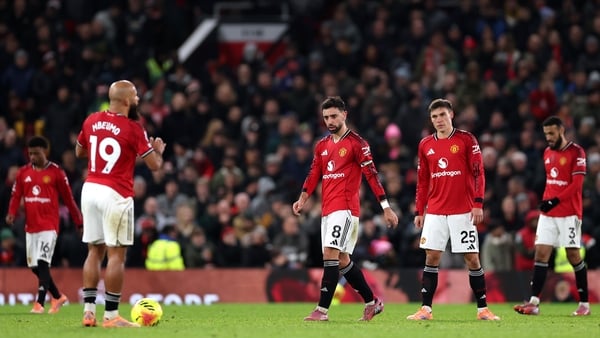 MANCHESTER, ENGLAND - DECEMBER 04: Bruno Fernandes of Manchester United looks dejected after Soungoutou Magassa of West Ham United (not pictured) scored his team's first goal during the Premier League match between Manchester United and West Ham United at