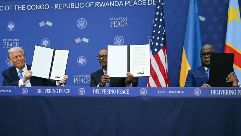 US President Donald Trump participates in the signing ceremony of a peace deal with President of Rwanda Paul Kagame and President of the Democratic Republic of the Congo Felix Tshisekedi