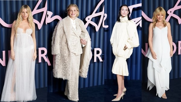 A collage of four women wearing white at a fashion event