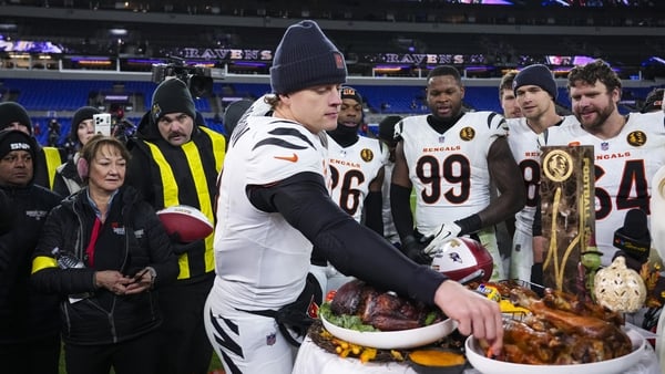 BALTIMORE, MARYLAND - NOVEMBER 27: Joe Burrow #9 of the Cincinnati Bengals celebrates after an NFL football game against the Baltimore Ravens at M&T Bank Stadium on November 27, 2025 in Baltimore, Maryland. (Photo by Perry Knotts/Getty Images)
