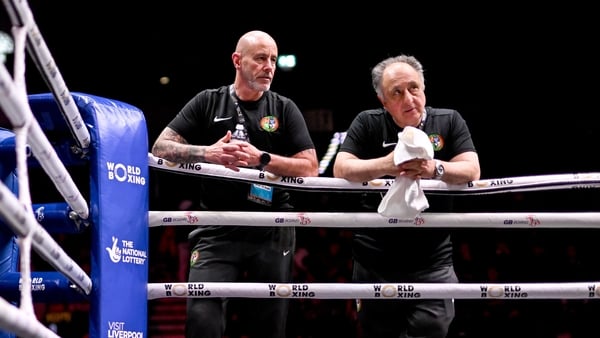 10 September 2025; Ireland coaches Damian Kennedy, left, and Zaur Antia during their Men's 55kg quarter final bout against Mirazizbek Mirzakhalilov of Uzbekistan during the World Boxing Championships 2025 at M&S Bank Arena in Liverpool, England. Photo by