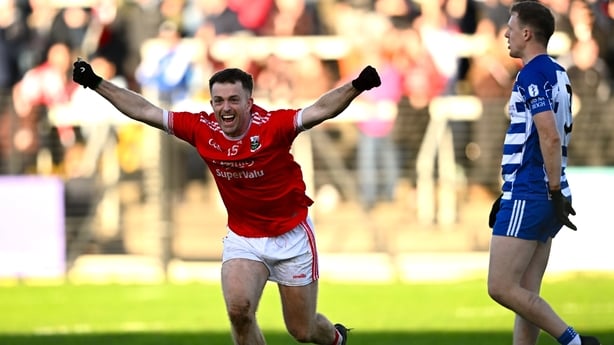 19 October 2025; Niall Kelly of Athy celebrates at the final whistle, as Brian Byrne of Naas looks on, after the Kildare County Senior Club Football Championship final match between Athy and Naas at Cedral St Conleth's Park in Newbridge, Kildare. Photo by Piaras Ó Mídheach/Sportsfile