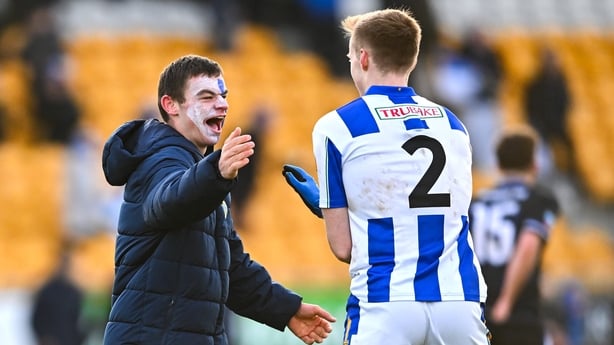 29 November 2025; A Ballyboden St Enda's supporter celebrates with Brian Bobbett after victory in the AIB Leinster GAA Football Senior Club Championship semi-final match between Tullamore and Ballyboden St Enda's at Glenisk O'Connor Park in Tullamore, Offaly. Photo by Piaras Ó Mídheach/Sportsfile