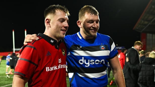12 September 2025; Lee Barron of Munster, left, and Ross Molony of Bath after the pre-season friendly match between Munster and Bath at Virgin Media Park in Cork. Photo by Brendan Moran/Sportsfile