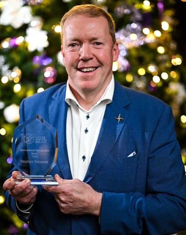 5 December 2025; Former Republic of Ireland international Steve Staunton recipient of the 2025 International Recognition Award during the 2025 Soccer Writers Ireland Awards at Clontarf Castle in Dublin. Photo by Stephen McCarthy/Sportsfile