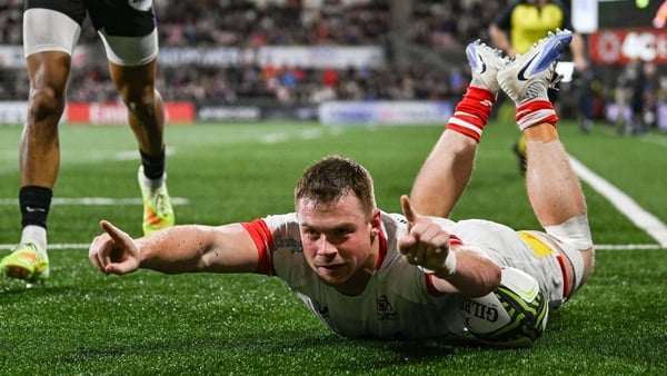 Ulster's Zac Ward celebrates his try against Racing 92