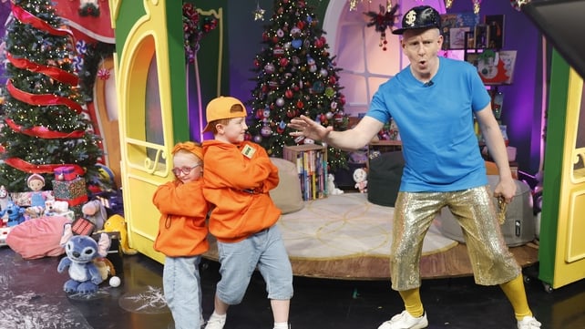 George and Ophelia from Waterford with Patrick Kielty at The Late Late Toy Show 2025