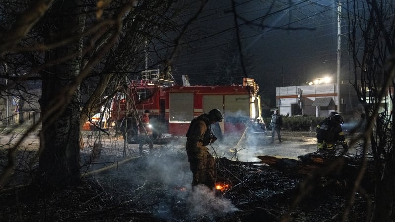 Firefighters worked on the site of a Russian airstrike in Sloviansk, Ukraine