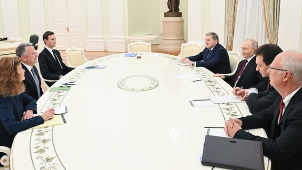 MOSCOW, RUSSIA - DECEMBER 2: (----EDITORIAL USE ONLY MANDATORY CREDIT - '/KREMLIN PRESS OFFICE / HANDOUT - NO MARKETING NO ADVERTISING CAMPAIGNS - DISTRIBUTED AS A SERVICE TO CLIENTS, DO NOT OBSCURE LOGO----) Russian President Vladimir Putin begin a meeting with US special envoy Steve Witkoff and US