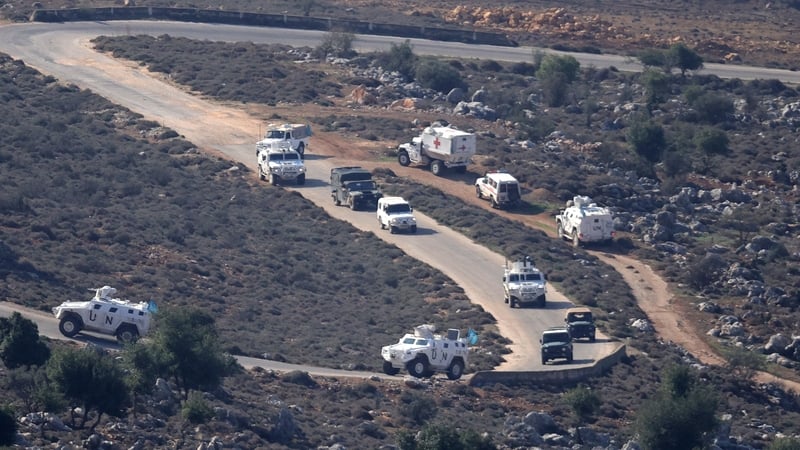 United Nations peacekeepers patrol with Lebanese army forces in vehicles of UNIFIL near the border with Israel in southern Lebanon