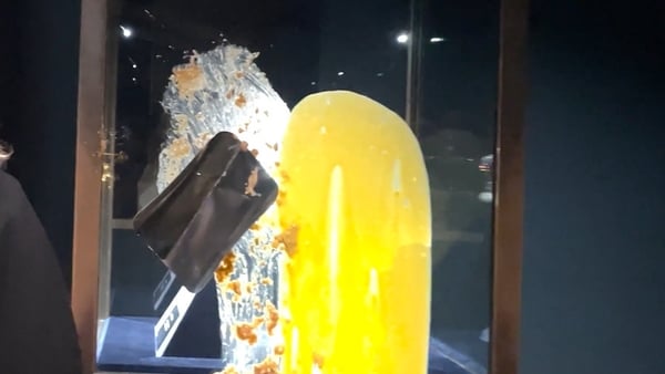 Apple Crumble and Custard on a protective screen in front of the Crown Jewels