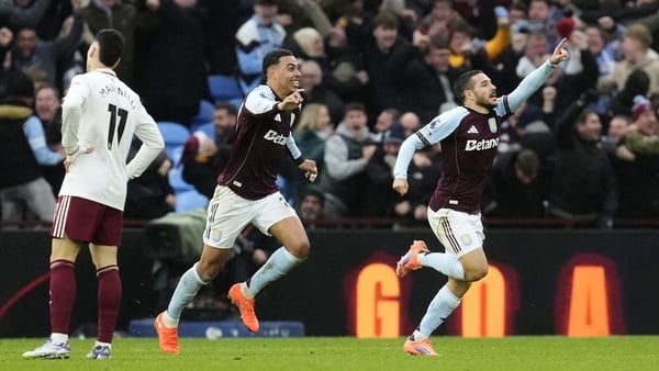 Aston Villa's Emi Buendia (right) celebrates scoring their side's second goal of the game during the Premier League match at Villa Park