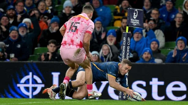 6 December 2025; Jordan Larmour of Leinster scores his side's third try during the Investec Champions Cup match between Leinster and Harlequins at the Aviva Stadium in Dublin. Photo by Brendan Moran/Sportsfile
