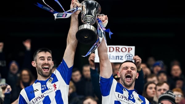 6 December 2025; Ballyboden St Enda's captain Shane Clayton, left, and vice-captain James Holland lifts the Seán McCabe Cup after their side's victory in the AIB Leinster GAA Football Senior Club Championship final match between Athy of Kildare and Ballyb