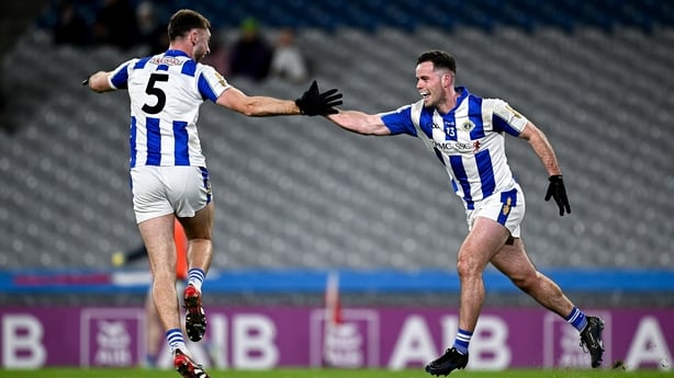 6 December 2025; Patrick Dunleavy of Ballyboden St Enda's, left, celebrates with teammate Ross McGarry after scoring their side's second goal during the AIB Leinster GAA Football Senior Club Championship final match between Athy of Kildare and Ballyboden St Enda's of Dublin at Croke Park in Dublin. 