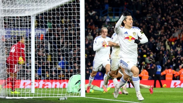 Ao Tanaka of Leeds United celebrates scoring his team's third goal during the Premier League match between Leeds United and Liverpool at Elland Road on December 06, 2025 in Leeds, England. (Photo by Molly Darlington/Getty Images)
