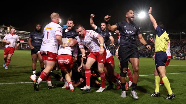 BATH, ENGLAND - DECEMBER 06: Joe Cokanasiga of Bath celebrates scoring his team's fourth try during the Investec Champions Cup match between Bath Rugby and Munster Rugby at The Recreation Ground on December 06, 2025 in Bath, England. (Photo by Michael Steele/Getty Images)