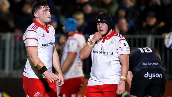 England , United Kingdom - 6 December 2025; Ruadhan Quinn of Munster reacts after his side's defeat in the Investec Champions Cup match between Bath and Munster at The Recreation Ground in Bath, England. (Photo By Harry Murphy/Sportsfile via Getty Images)