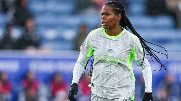Khadija Shaw of Manchester City edges forward during the Barclays FA Women's Super League match between Leicester City and Manchester City at the King Power Stadium in Leicester, England, on December 7, 2025. (Photo by Stuart Leggett/MI News/NurPhoto via Getty Images)