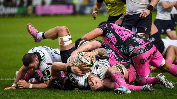 Sean Jansen of Connacht celebrates ascores his side's second try during the EPCR Challenge Cup match between Ospreys and Connacht at Dunraven Brewery Field in Bridgend, Wales