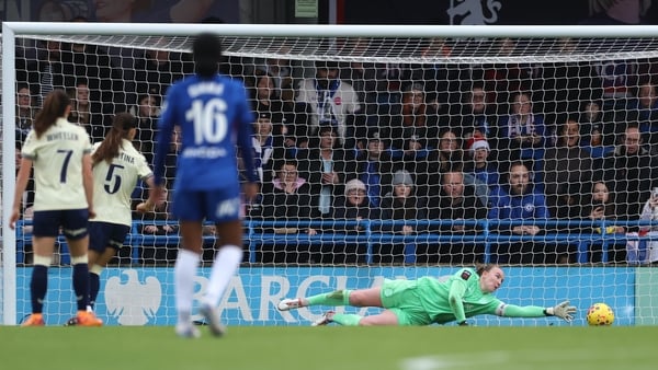 Courtney Brosnan of Everton makes a save from Catarina Macario (not pictured) of Chelsea during the Barclays Women's Super League match between Chelsea FC and Everton at Kingsmeadow