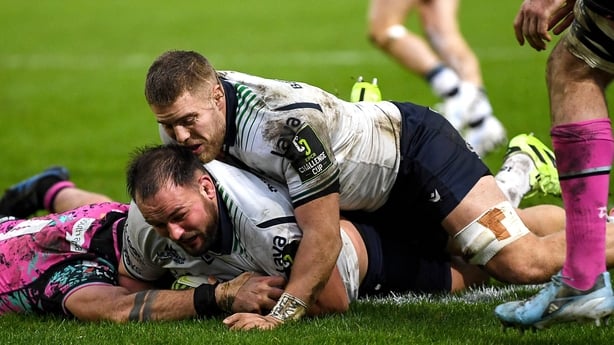 Jack Aungier of Connacht, aided by teammate Sean Jansen, scores try against Ospreys in Challenge Cup - December 2025