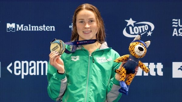 Ellen Walshe of Ireland with her gold medal after the Women's 200m Butterfly final during day six of the European Short Course Swimming Championships at Lublin in Poland.