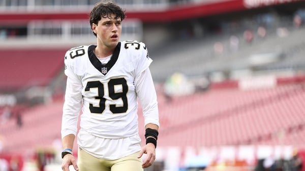 Charlie Smyth #39 of the New Orleans Saints warms up prior to an NFL football game against the Tampa Bay Buccaneers at Raymond James Stadium on December 7, 2025 in Tampa, Florida.
