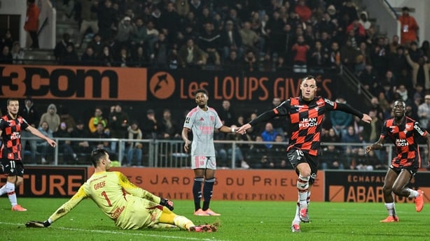 Lorient's French forward #10 Pablo Pagis (2nd R) celebrates after scoring his team first goal during the French L1 football match between FC Lorient and Olympique Lyonnais (OL) at the Stade du Moustoir stadium in Lorient, western France, on December 7, 2025